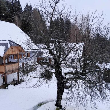 Der Bauernhof mit schneebedeckten Dächern, Holzbalkon und winterlicher Umgebung.