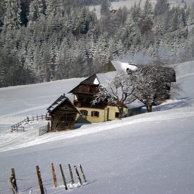 Der Hof in einer winterlichen Landschaft, umgeben von schneebedeckten Hügeln und Wäldern.