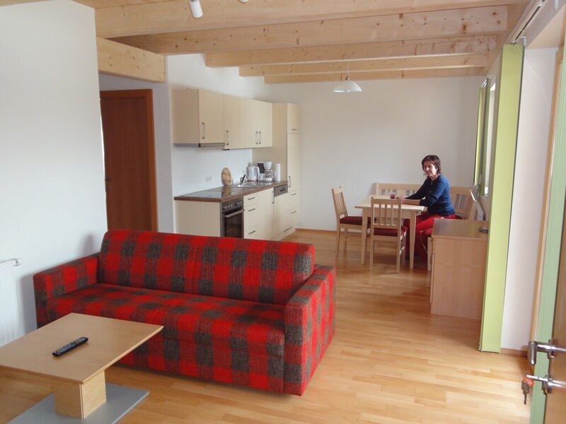 Appartement auf dem Bauernhof mit integrierter Küchenzeile, Esstisch und einem Wohnbereich mit kariertem Sofa und Holzbalkendecke.