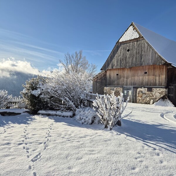 Das verschneite Holzgebäude des Hofs in einer winterlichen Berglandschaft.