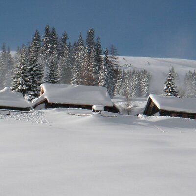 Die schneebedeckten Gebäude des Hofes in einer winterlichen Landschaft mit Tannenbäumen.