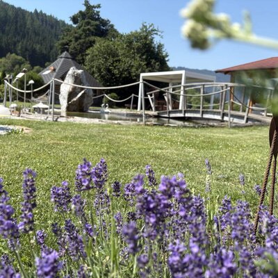 Die Gartenanlage des Landhofs mit Lavendel, einem Teich mit Brücke, einer Pergola und einem Pavillon, umgeben von Rasen und Bergen.