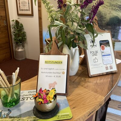 Empfangsbereich des Bauernhofs mit Informationen zu buchbaren Reitstunden und Social Media Kanälen.