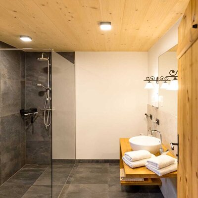Badezimmer im Chalet mit begehbarer Dusche, Waschtisch mit Aufsatzwaschbecken und Holzdecke. copyright: ELISABETH FRÖHLICH photography