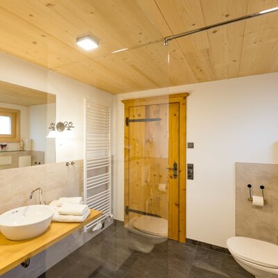 Badezimmer im Chalet mit Holzdecke, Waschbecken, Spiegel, Toilette, Dusche und Handtuchheizkörper.