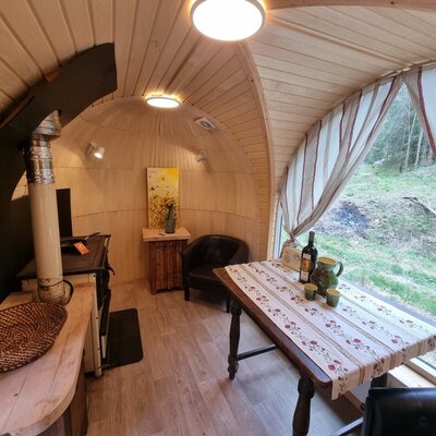 Holzverkleideter Wohnbereich des Igluhaus mit Holzofen, Esstisch und Blick ins Grüne.