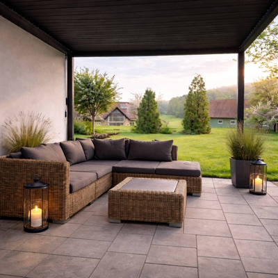 Eine einladende, überdachte Terrasse des Bauernhofs mit einer gemütlichen Lounge-Sitzgruppe und stimmungsvollem Blick auf die grüne Wiese.