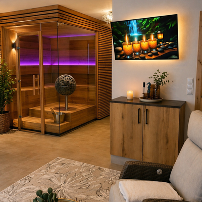 Einladender Wellnessbereich des Bauernhofs mit einer modernen Glassauna, stimmungsvoller LED-Beleuchtung und einem gemütlichen Ruhesessel.