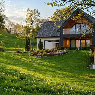 Der einladende Bauernhof besticht durch eine gepflegte, sonnige Wiese und moderne Holzarchitektur inmitten der Natur.