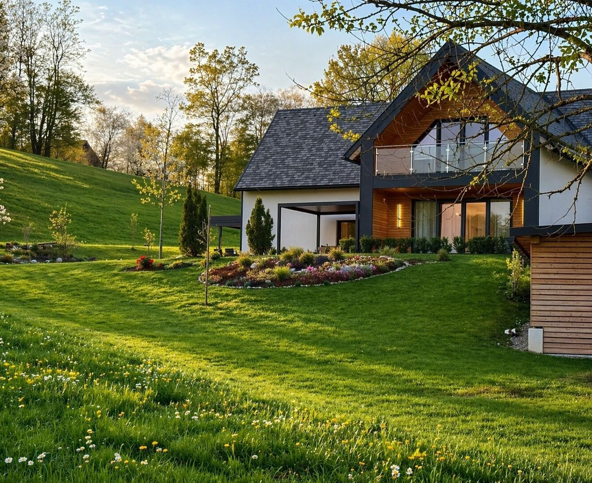 Der einladende Bauernhof besticht durch eine gepflegte, sonnige Wiese und moderne Holzarchitektur inmitten der Natur.