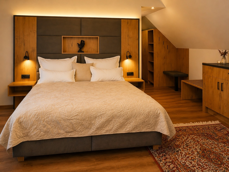 Ein gemütliches Schlafzimmer im Bauernhof mit einem komfortablen Doppelbett, warmen Holzakzenten und sanfter, einladender Beleuchtung.