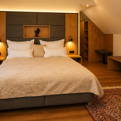 Ein gemütliches Schlafzimmer im Bauernhof mit einem komfortablen Doppelbett, warmen Holzakzenten und sanfter, einladender Beleuchtung.