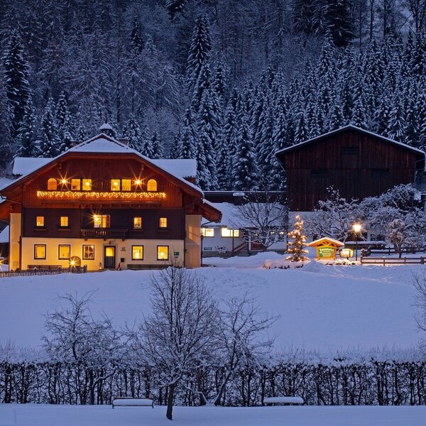 Der Bauernhof bei Nacht, schneebedeckt und festlich beleuchtet, mit umliegendem Wald.