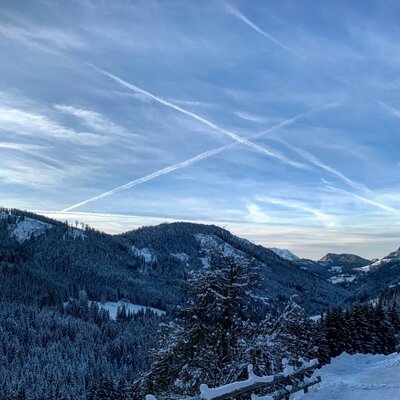 Die winterliche Berglandschaft mit schneebedeckten Wäldern in der Umgebung des Bauernhofs.