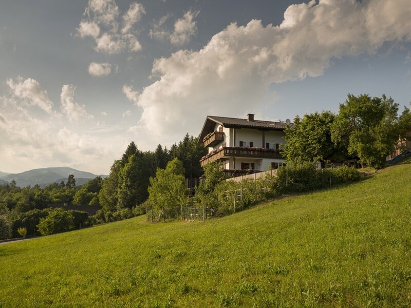 Der Bauernhof auf einem grünen Hang, umgeben von Bäumen, mit Balkonen und Blick auf die Berge.