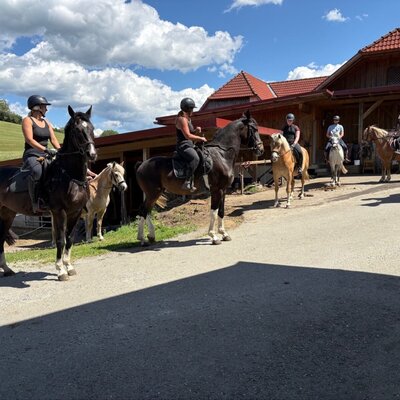 Gäste beim Reiten auf dem Bauernhof ,aufsatteln vorm Stallgebäude zum Ausritt.