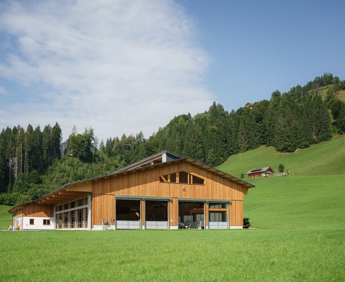 Der Bauernhof mit seiner Holzfassade, umgeben von grünen Wiesen und bewaldeten Hügeln.