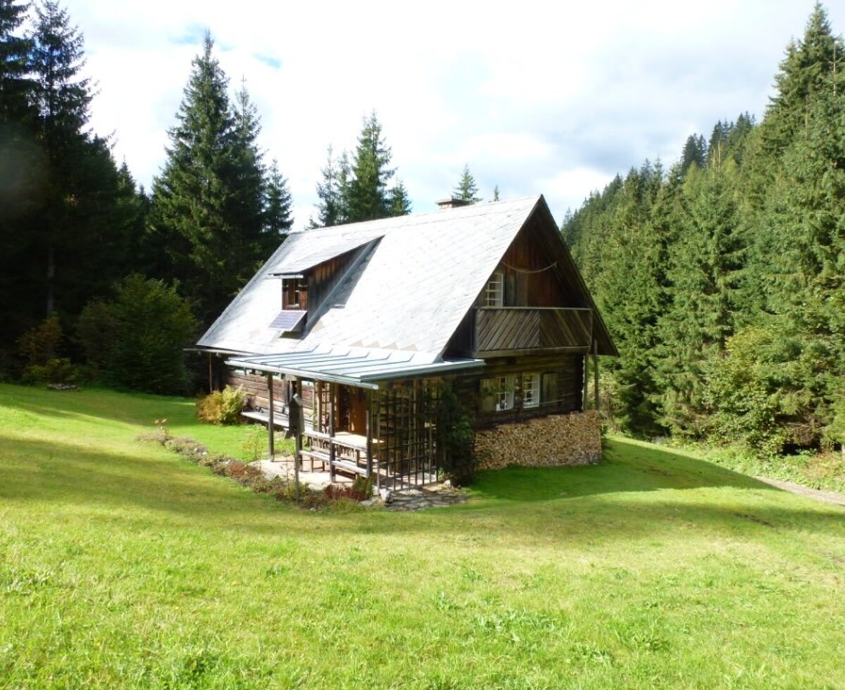 Außenansicht des Hofs mit Holzfassade, Balkon, Solarpaneel auf dem Dach und gestapeltem Holz, umgeben von Wald und Wiese.
