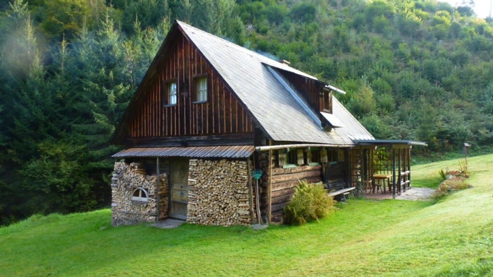 Das Hofgebäude mit seiner Holzfassade, den Holzstapeln und einer überdachten Terrasse liegt auf einer Wiese vor einem Wald.