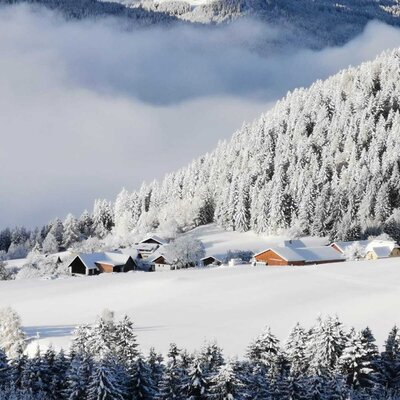 Die verschneite Winterlandschaft mit Bauernhöfen und Tannenwäldern.
