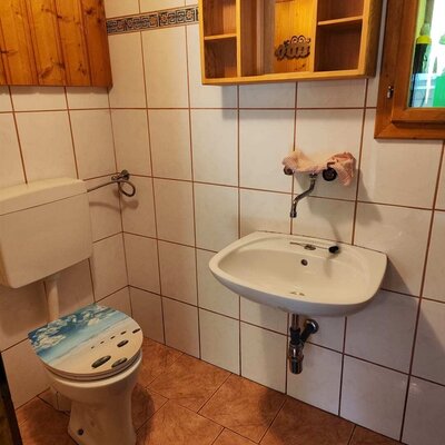 Ein funktionales, hell gefliestes Badezimmer  mit einem Waschbecken, WC und praktischen Holzregalen inkl. funktionierenter Dusche
