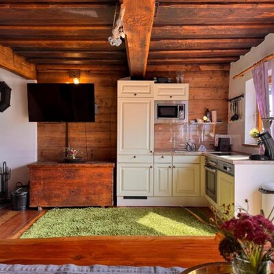 Der gemütliche Wohnbereich in der Ottls Hütte mit einer ausgestatteten Küchenzeile, einem Kaminofen und rustikalen Holzelementen.