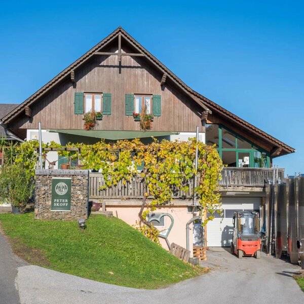 Außenansicht des Bauernhofs mit Holzfassade, Weinstöcken und Weintanks, die auf die Weinproduktion des Weinguts hinweisen.