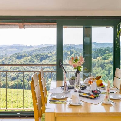 Der gedeckte Frühstückstisch am Winzerhof bietet einen Ausblick auf die Weinberge und die hügelige Landschaft.