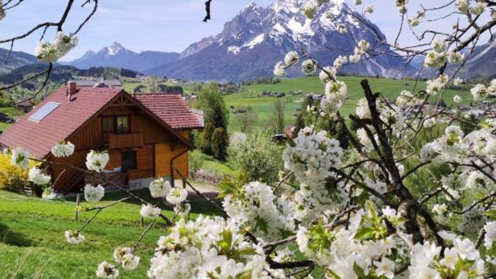 Das Bed and Breakfast mit roten Dächern und einem Balkon, umgeben von grünen Wiesen und weißen Blüten, mit schneebedeckten Bergen im Hintergrund.