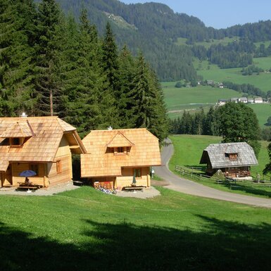 Die beiden Holzhütten des Hofes, umgeben von grünen Wiesen am Waldrand, mit Holzschindeldächern und Sitzgelegenheiten im Freien.