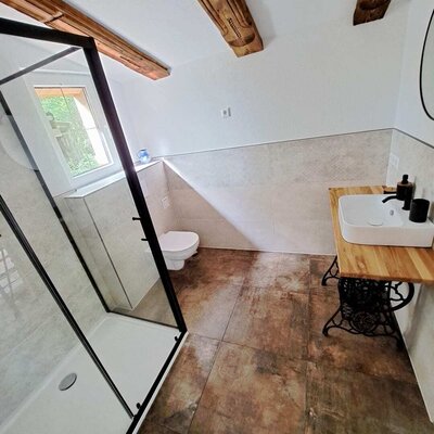 Ein modernes Badezimmer in der Prechtlerhütte mit rustikalen Holzbalken, einer gläsernen Dusche und einem stilvollen Waschtisch im Vintage-Design.