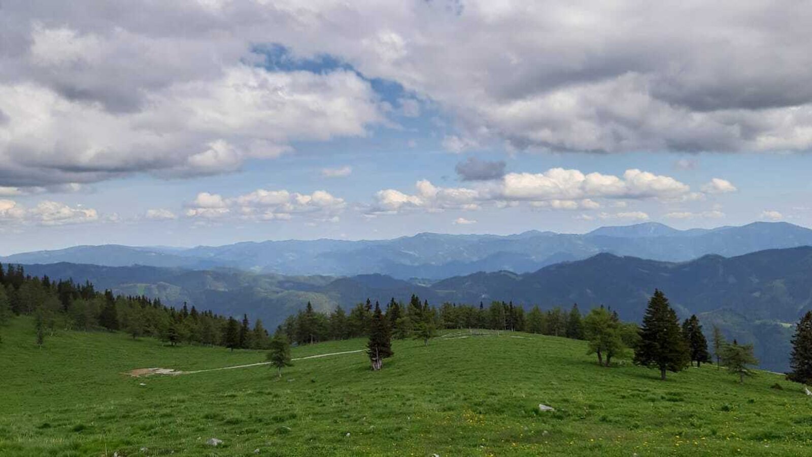 Die Berglandschaft rund um den Hof mit grünen Wiesen und bewaldeten Hügeln.