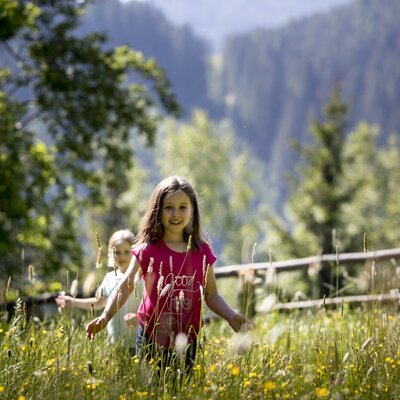 Kinder in einer Blumenwiese auf der Alm des Hofs, umgeben von Bergen.