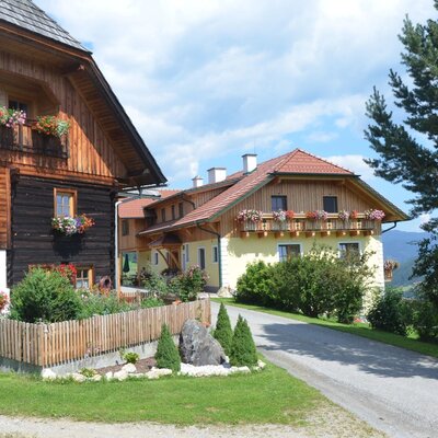 Außenansicht des Bauernhofs mit traditioneller Holzfassade, Blumenkästen an den Fenstern und dem Zugangsweg.