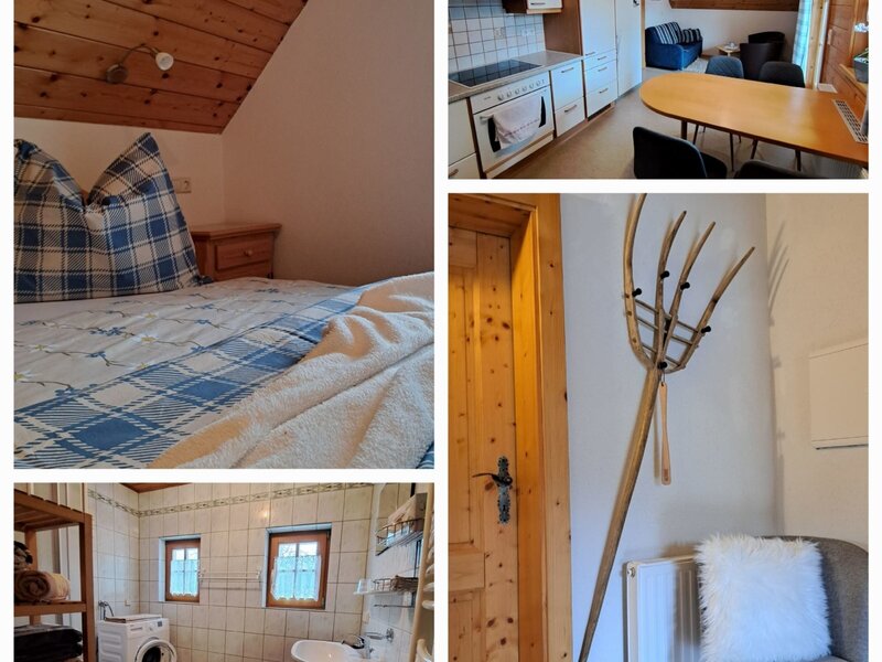 Einblicke in die Ferienwohnung des Bauernhofs mit Schlafzimmer, Küche, Essbereich, Wohnbereich und Badezimmer mit Waschmaschine.