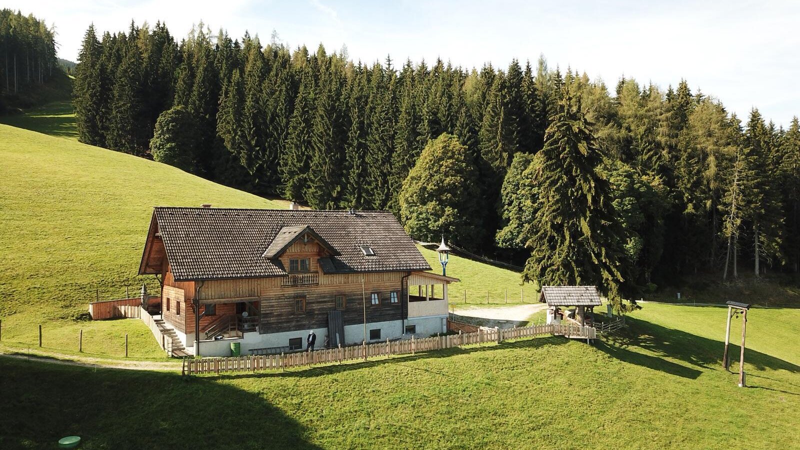 Die Almhütte von der Außenseite, idyllisch gelegen auf einen grasbewachsenen Hügel mit Wald im Hintergrund.