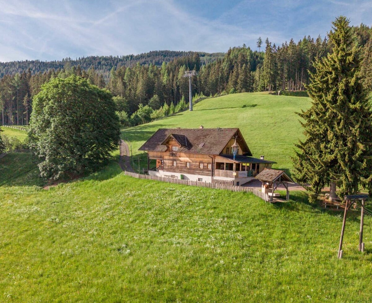 Die Selbstversorgeralm eingebettet in einen üppig grünen Hang, umgeben von Wald und Wiesen. © Elisabeth Fröhlich