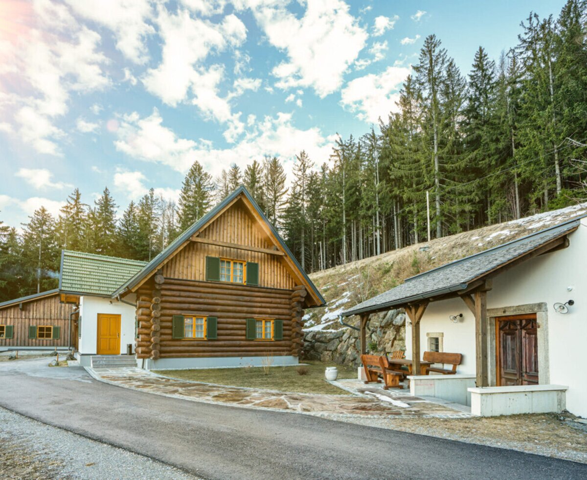 Das charmante Ferienhaus aus Holzstämmen mit einer gemütlichen, überdachten Sitzecke am idyllischen Waldrand.