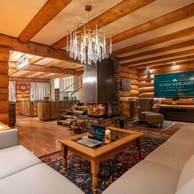 Der gemütliche Wohnbereich des Ferienhauses mit rustikalen Blockholzwänden, einem einladenden Kamin und komfortablen Sofas.