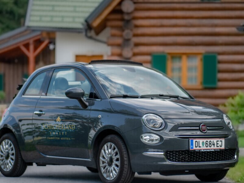 Ein charmanter Kleinwagen geparkt vor dem urigen Ferienhaus aus Holzstämmen.