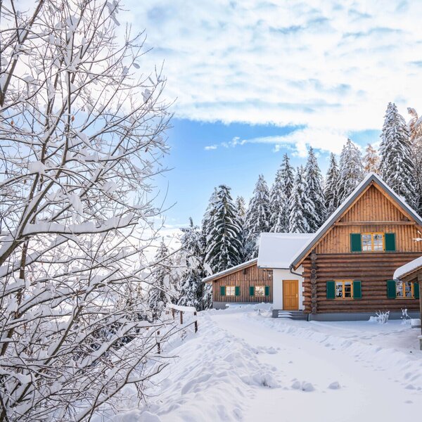 Ein idyllisches Ferienhaus im rustikalen Blockhausstil, umgeben von verschneiten Wäldern unter blauem Himmel.
