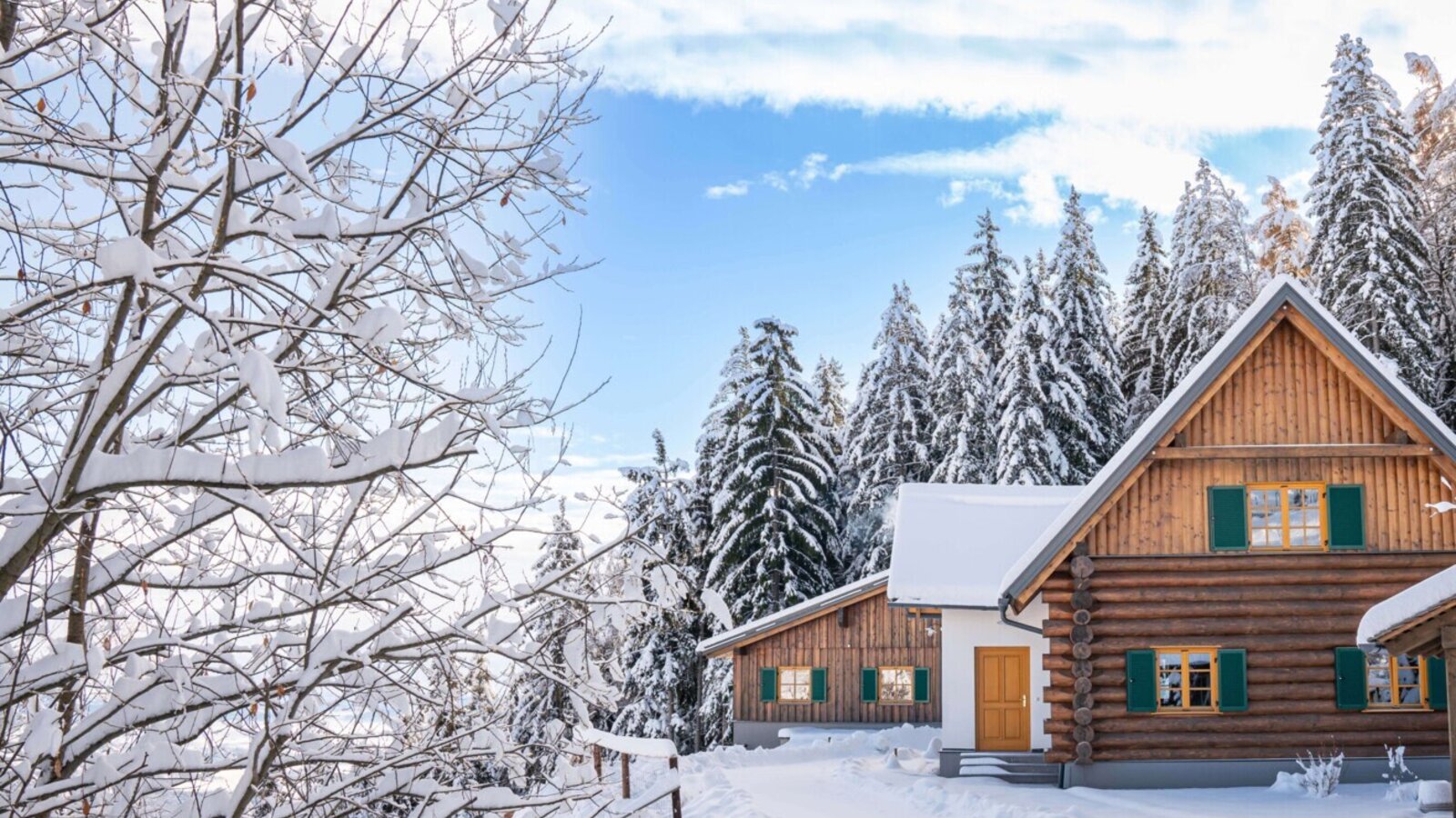 Ein idyllisches Ferienhaus im rustikalen Blockhausstil, umgeben von verschneiten Wäldern unter blauem Himmel.