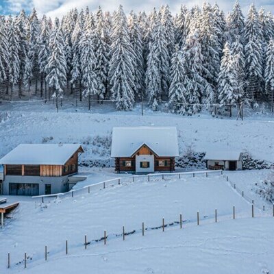 Das schneebedeckte Ferienhaus inmitten einer idyllischen Winterlandschaft am Rande eines dichten Nadelwaldes.