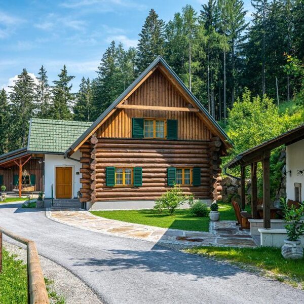 Das Chalet in traditioneller Blockbauweise, umgeben von grünen Wäldern und einer gepflegten Rasenfläche.