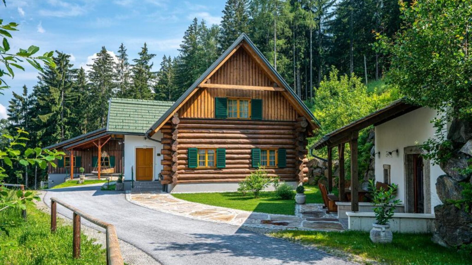 Das Chalet in traditioneller Blockbauweise, umgeben von grünen Wäldern und einer gepflegten Rasenfläche.
