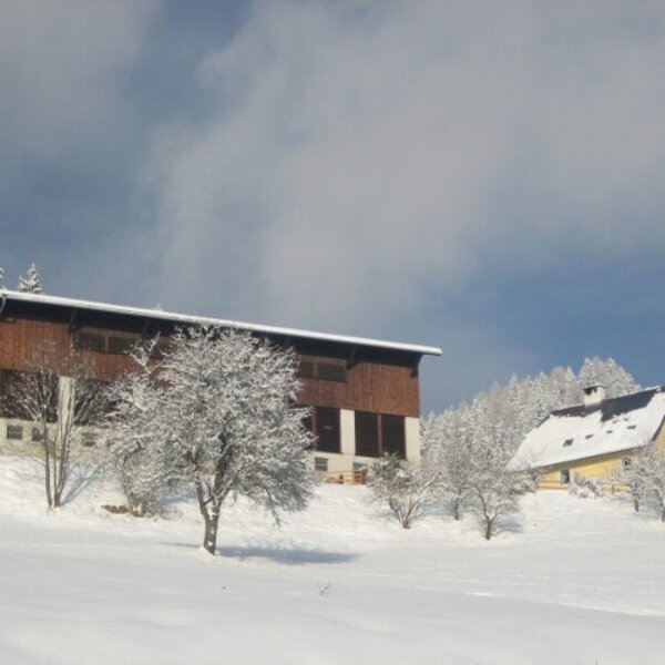Der Bauernhof mit seinen Gebäuden, eingebettet in eine schneebedeckte Winterlandschaft.