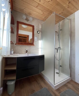 Badezimmer im Hof mit Duschkabine, Waschbecken und Holzdecke.