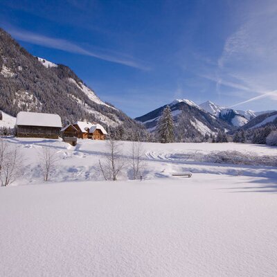 Winterlandschaft mit schneebedeckten Bergen und traditionellen Holzhäusern am Schaffergut.