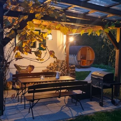 Überdachte Pergola des Hofs mit Gartenmöbeln, Grill und einer Fasssauna im Außenbereich.