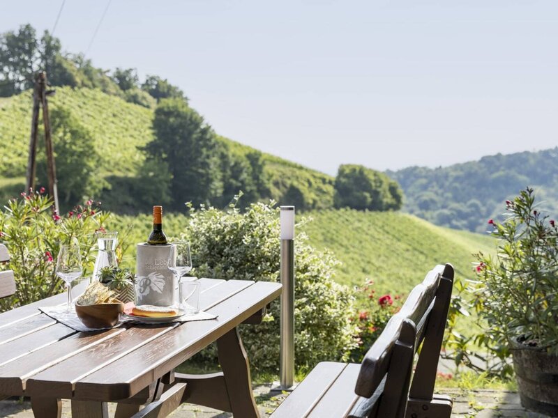 Terrasse mit Ausblick auf die Weinberge beim Weingut & Buschenschank Pölzl